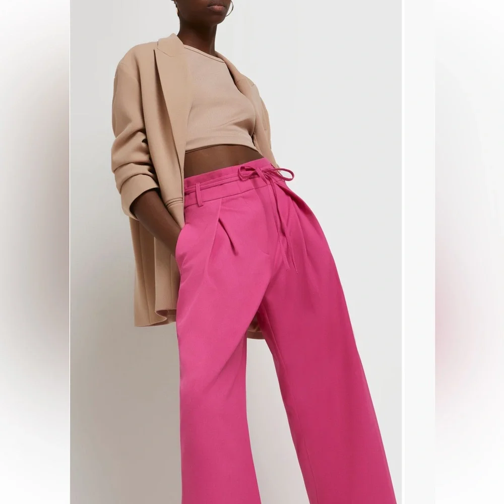 River Island Pink High Waist Wide Leg Pleated Pants - Picture 3 of 12
